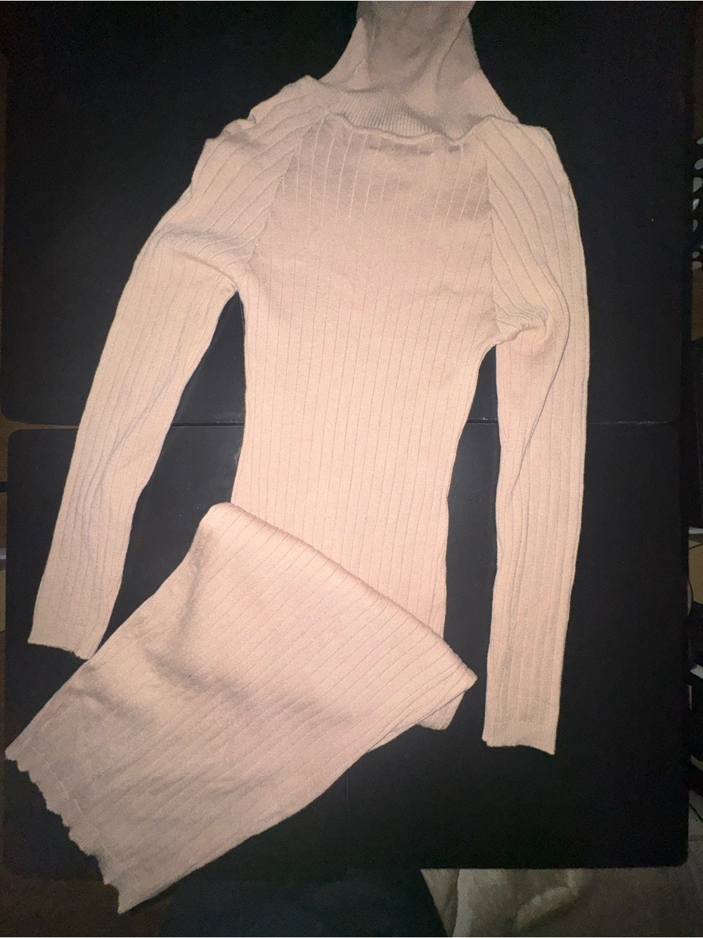 Ribbed Long-Sleeve Knit Dress in Tan
